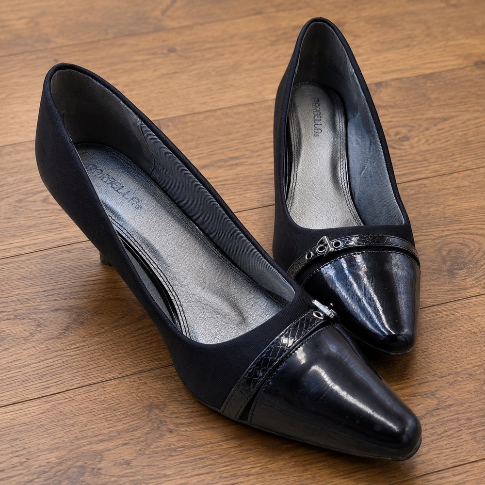 Marbella Womens‎ Black Satin Patent Pointed Toe Kitten Heel Pumps Size 8.5M